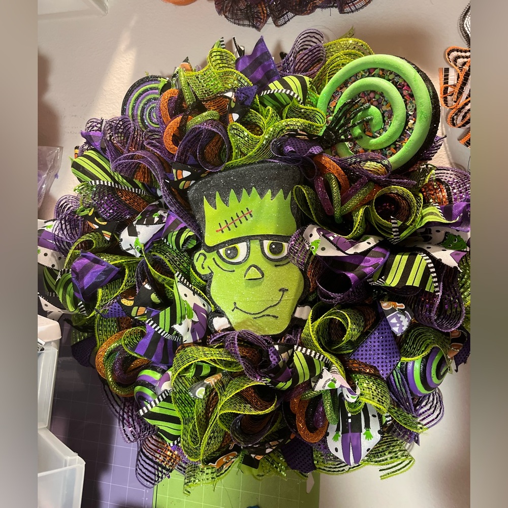 Halloween Frankenstein Wreath - Green and Purple